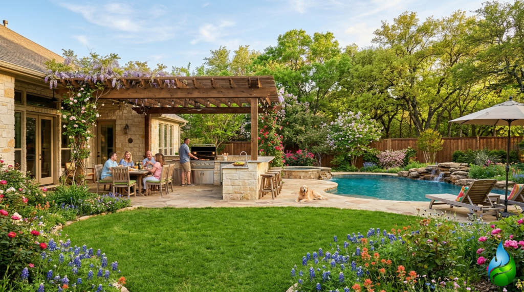 outdoor kitchen and backyard patio using propane appliances in Texas home