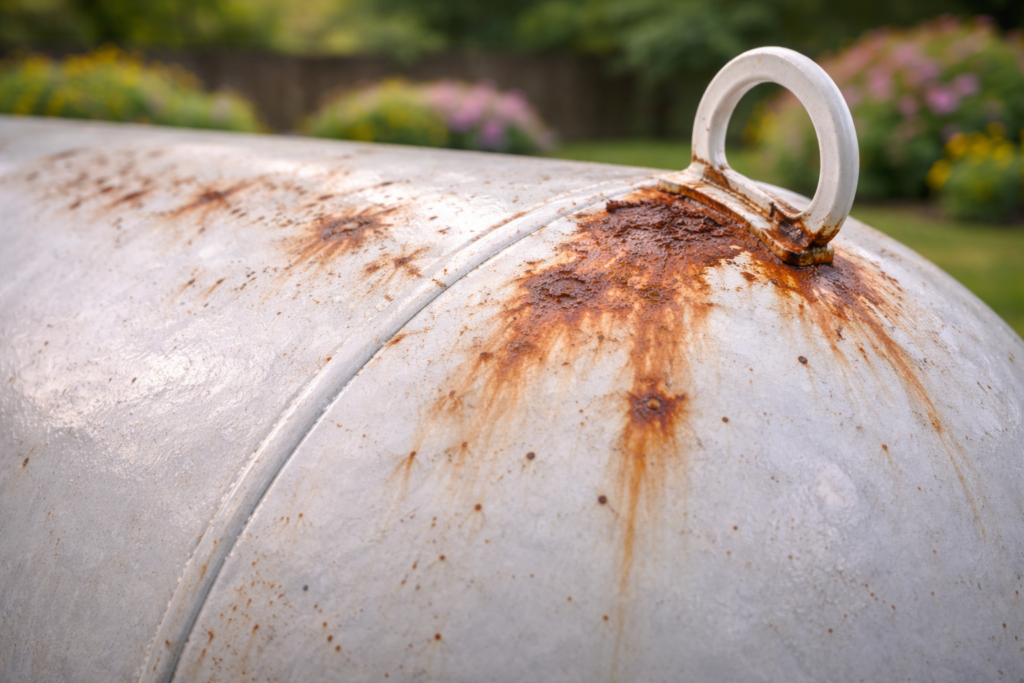 rust forming on residential propane tank showing why routine propane tank inspections are important
