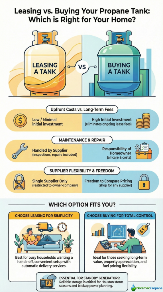 Leasing vs buying a propane tank infographic comparing cost, maintenance, supplier flexibility, and convenience for homeowners
