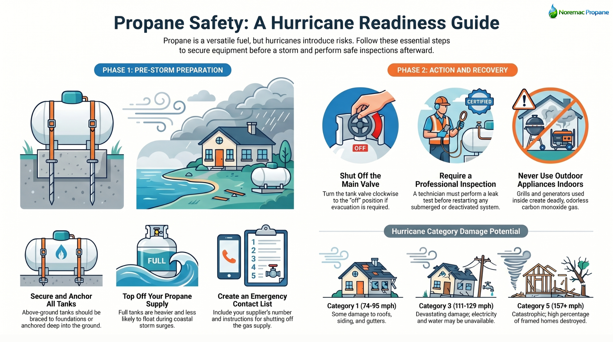 Noremac Propane infographic showing hurricane season preparedness safety tips, including tank anchoring, shut-off valves, and generator carbon monoxide warnings.