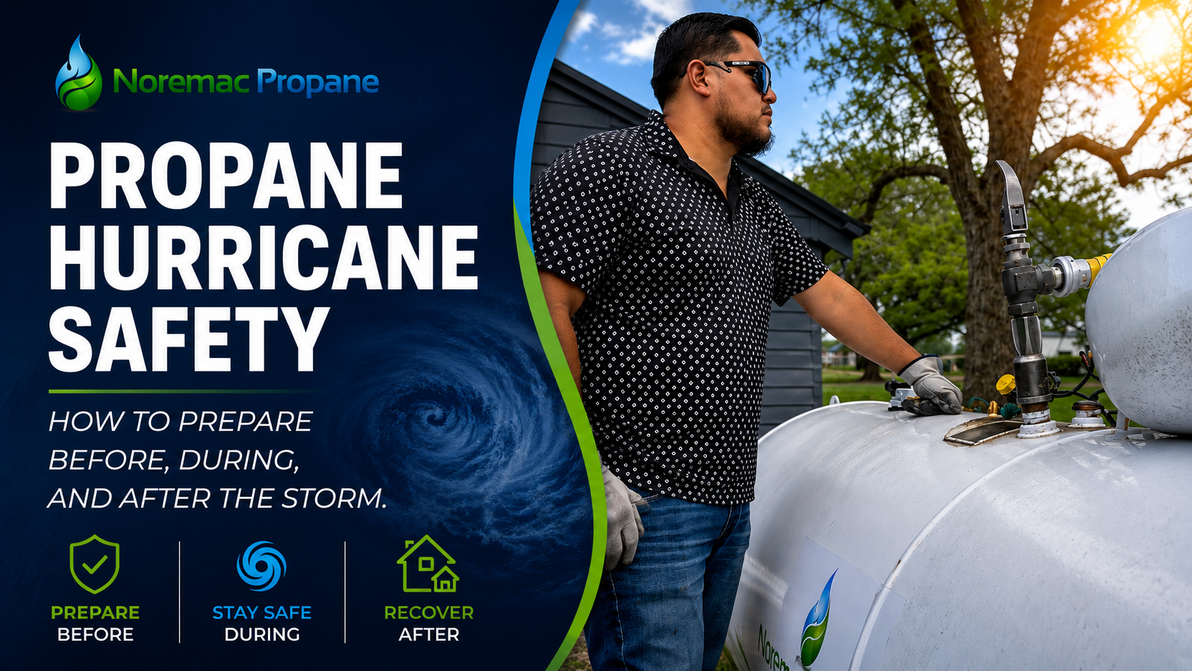 Noremac Propane hurricane safety guide featured image showing a technician filling a tank, with a storm graphic and tips to prepare, stay safe, and recover.