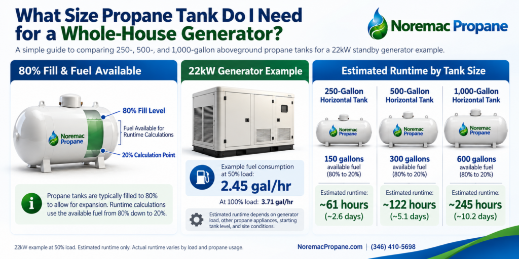 Propane tank size comparison for whole-house generators showing 250-, 500-, and 1,000-gallon tanks with estimated 22kW generator runtime.